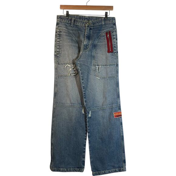 Y2K Small Gang Embroidered Wide Leg Denim Jeans 30x30